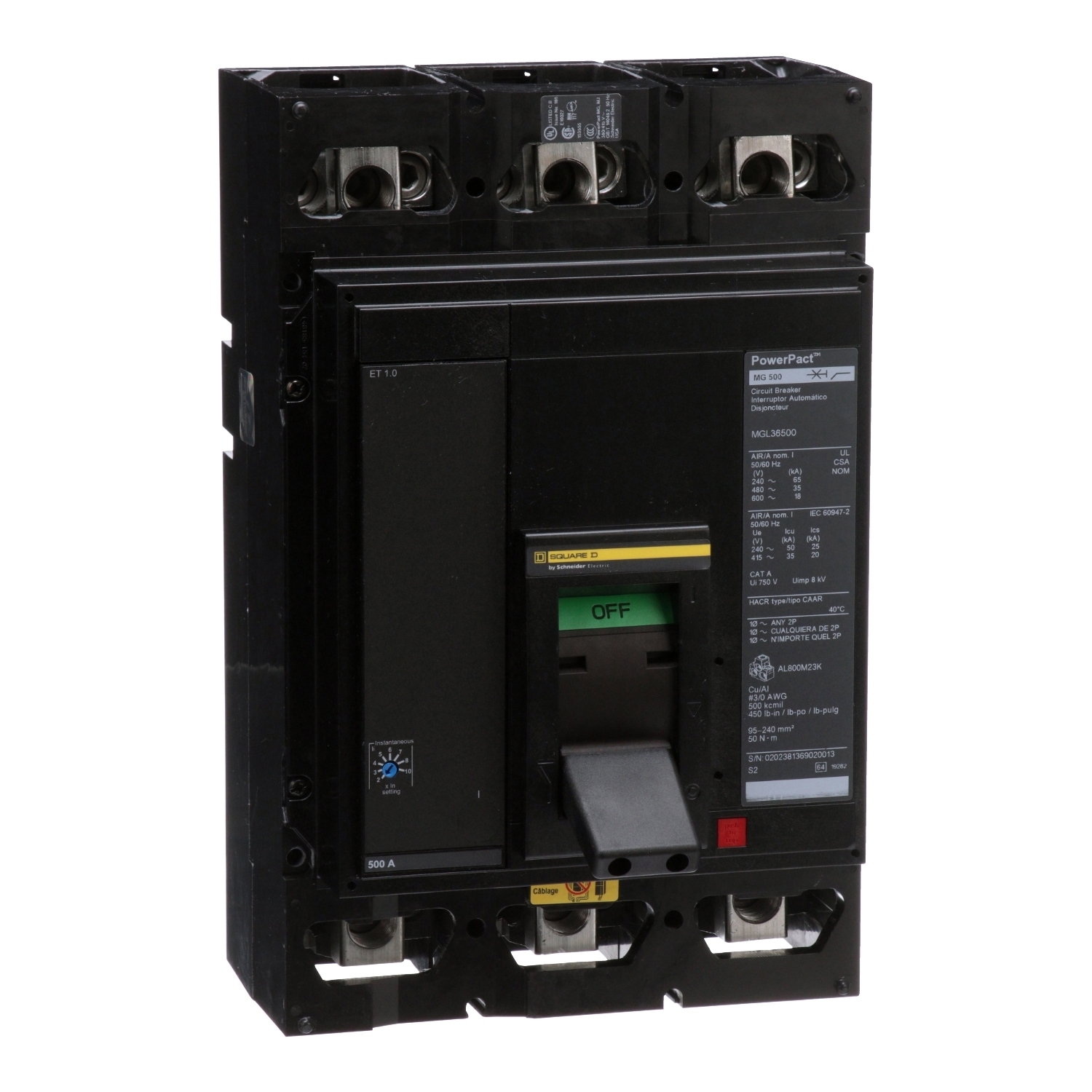 MGL36500 MGL Molded Case Circuit Breaker, 600 V AC/250 V DC, 500 A, 65 kA at 240 VAC/35 kA at 480 VAC/18 kA at 600 VAC Interrupt, 3 Poles, Electronic Trip