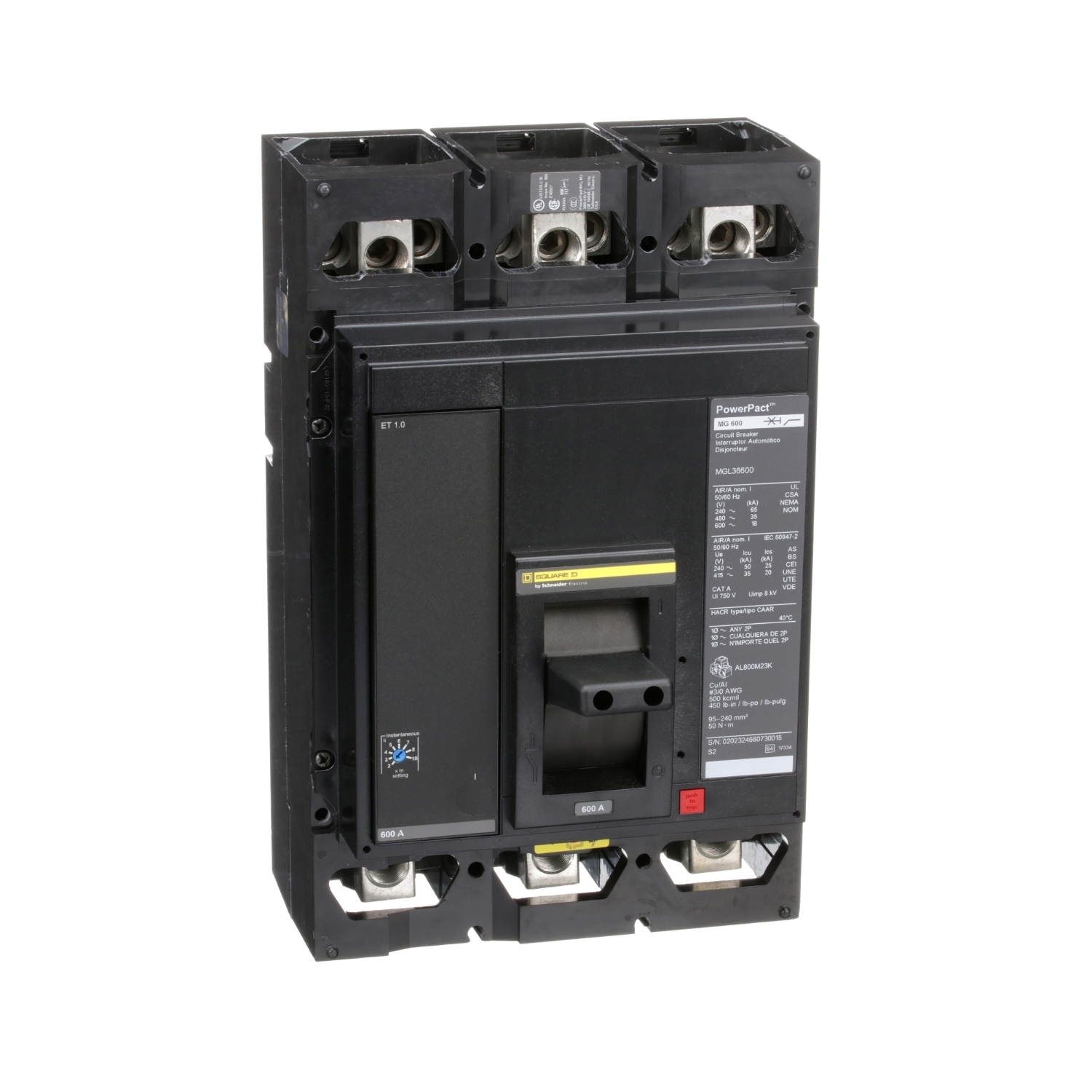 MGL36600 PowerPact Type MGL Molded Case Circuit Breaker, 600 V AC/250 V DC, 600 A, 18 kA Interrupt, 3 Poles, Electronic Trip