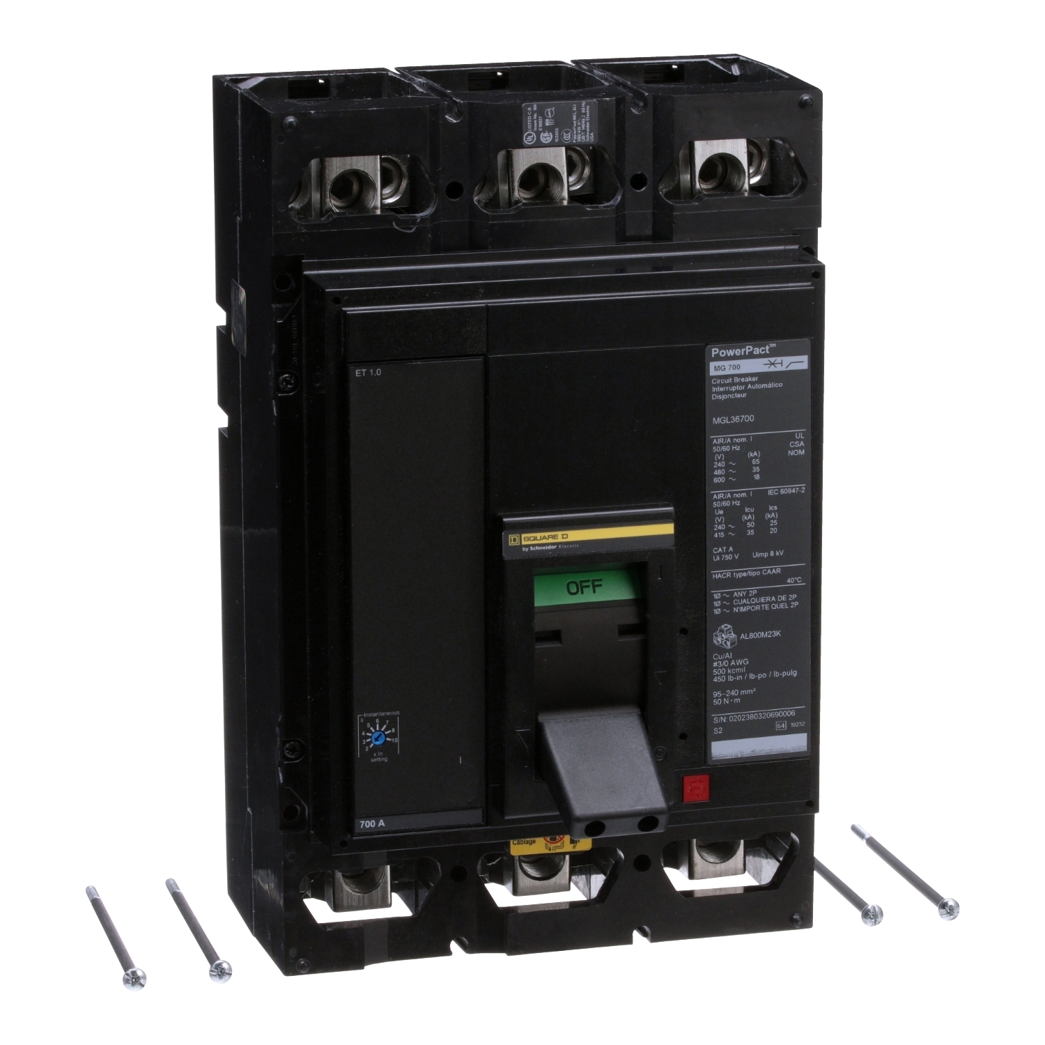 MGL36700 PowerPact MasterPact 80% Rated Type MGL Molded Case Circuit Breaker, 600 V AC/250 V DC, 700 A, 65 kA at 240 VAC/35 kA at 480 VAC/18 kA at 600 VAC Interrupt, 3 Poles, Electronic Trip