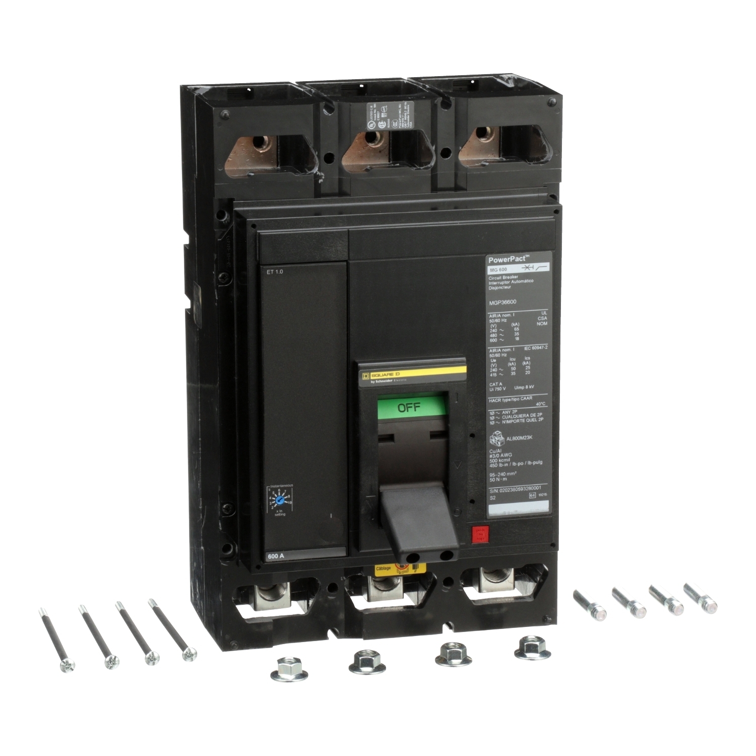MGP36600 PowerPact MasterPact 80% Rated Molded Case Circuit Breaker, 600 V AC/250 V DC, 600 A, 65 kA at 240 VAC/35 kA at 480 VAC/18 kA at 600 VAC Interrupt, 3 Poles, Electronic Trip