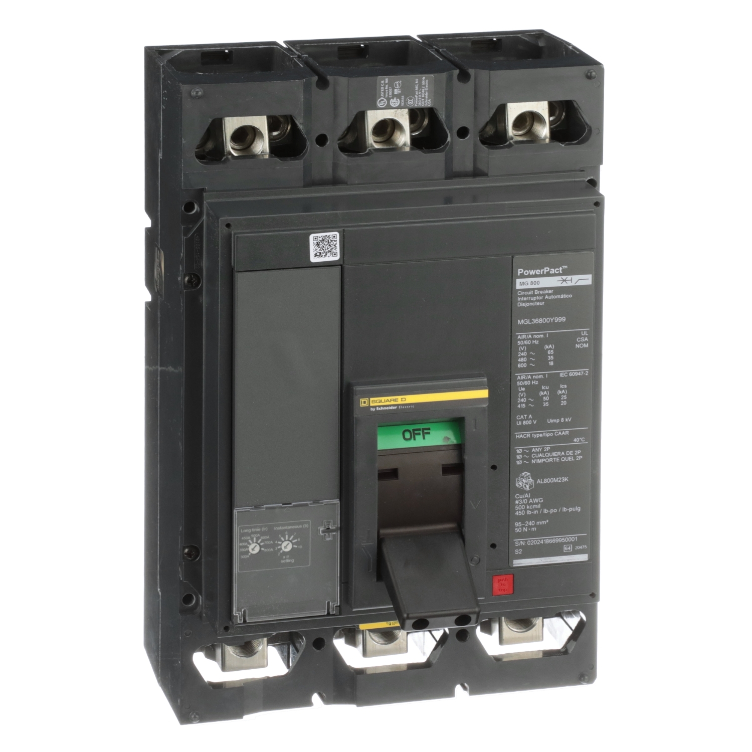 MJL36800 PowerPact Type MGL 80% Rated Molded Case Circuit Breaker, 600 V AC/250 V DC, 800 A, 100 kA at 240 VAC, 65 kA at 480 VAC, 25 kA at 600 VAC Interrupt, 3 Poles, Electronic Trip