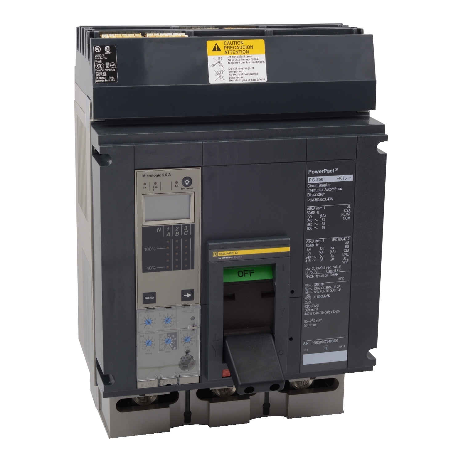 PJA36080 I-Line PowerPact P Type PJA Molded Case Circuit Breaker, 600 V AC, 800 A, 25/65/100 kA Interrupt, 3 Poles, Electronic Trip