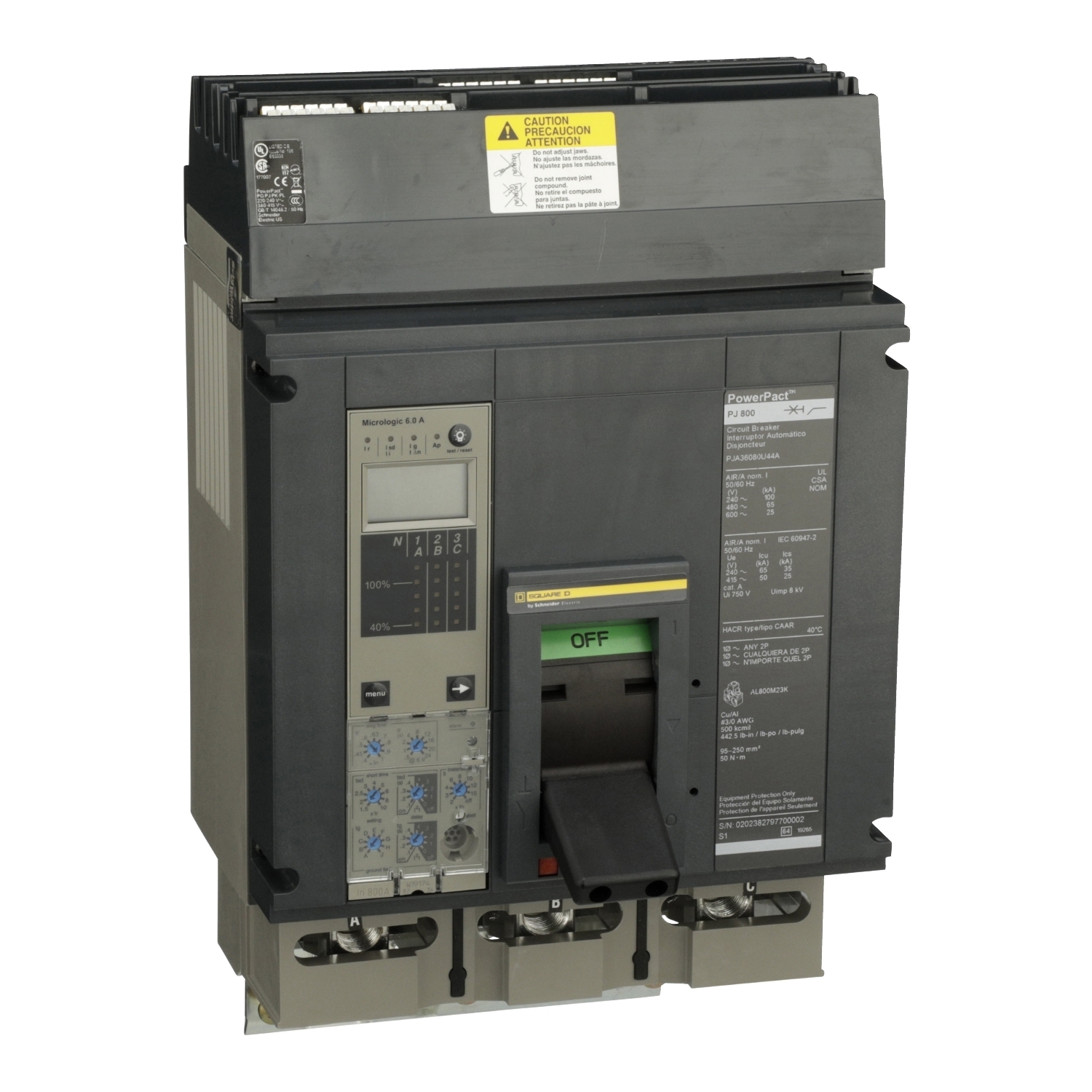 PJA36080U44A I-Line PowerPact P Type PJA Molded Case Circuit Breaker, 600 V AC, 800 A, 25/65/100 kA Interrupt, 3 Poles, Electronic Trip