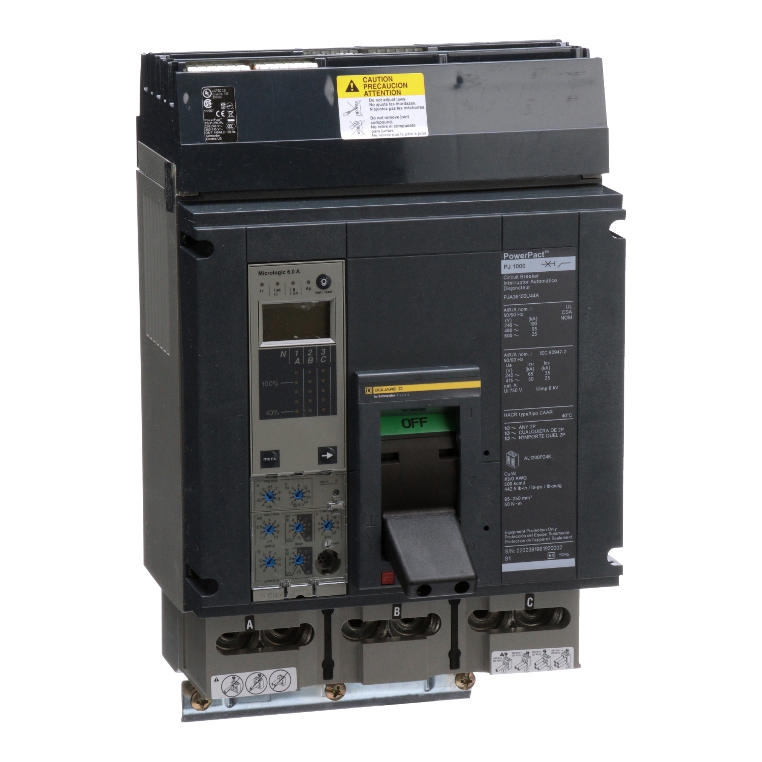 PJA36100U44A I-Line PowerPact P Type PJA Molded Case Circuit Breaker, 600 V AC, 1000 A, 25/65/100 kA Interrupt, 3 Poles, Electronic Trip