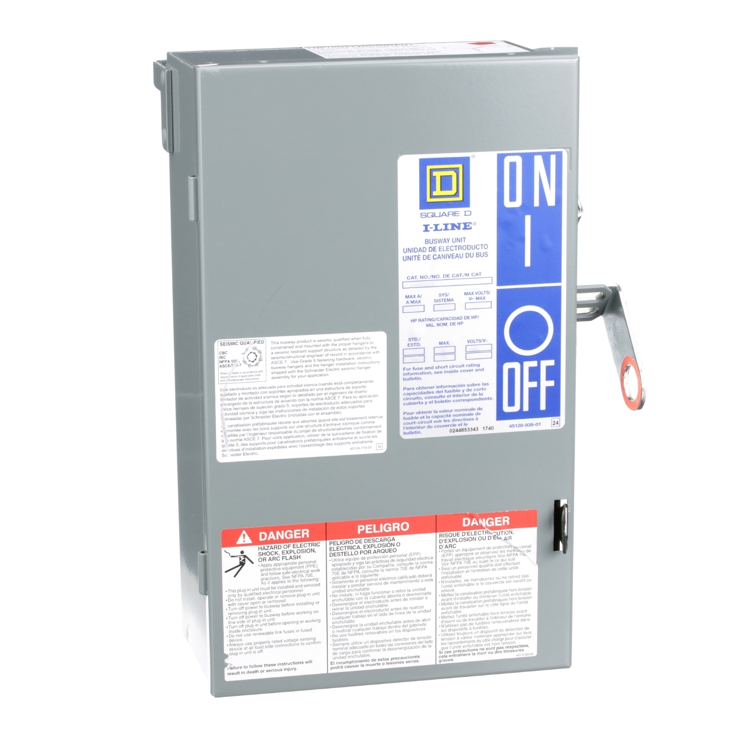 PQ3206G I-Line 3-Pole Type PQ Class H Busway Fusible Plug-In Unit With Ground, 240 V AC, 60 A, 4 Wires, FS Frame, NEMA 1 Enclosure