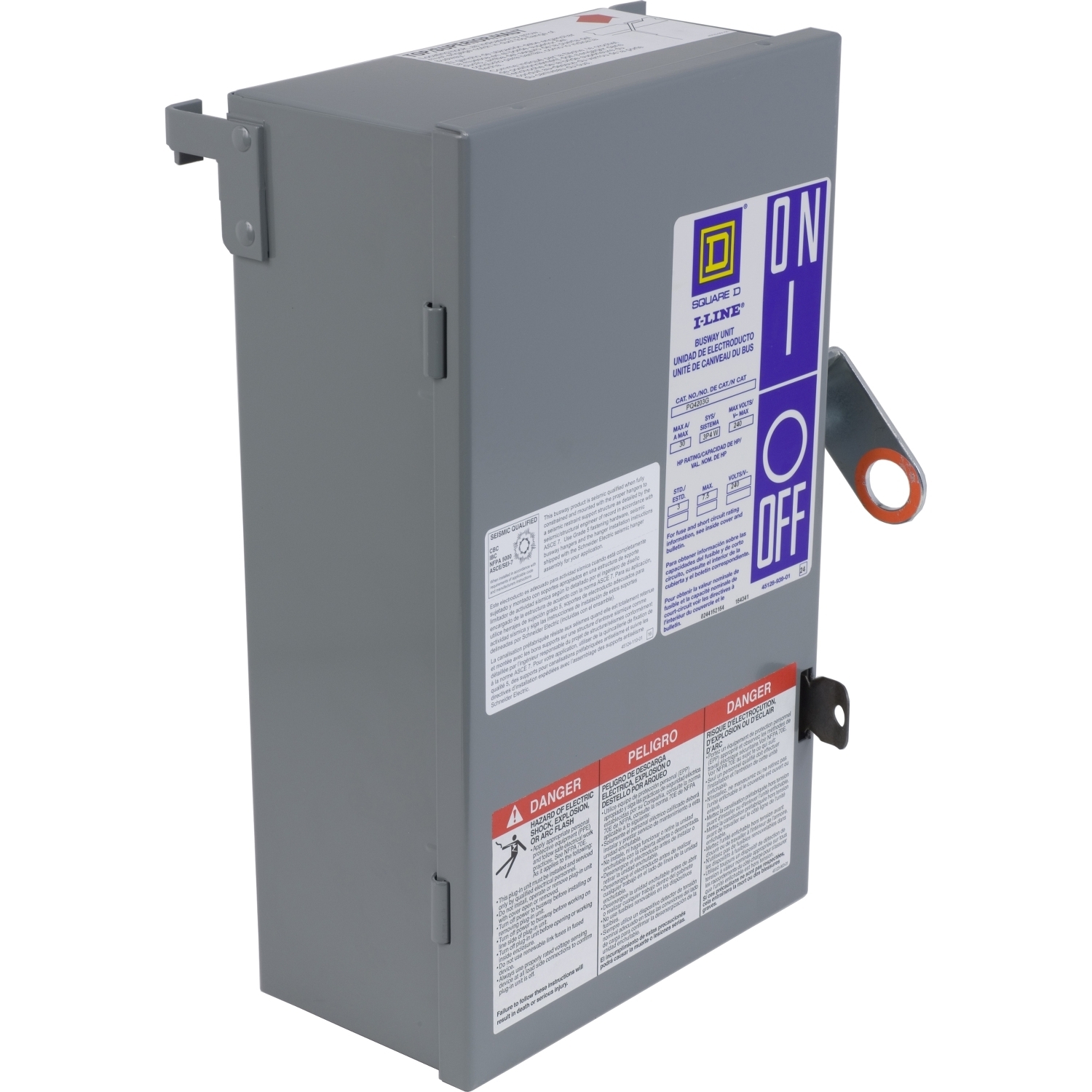 PS3620G I-Line 3-Pole Type PS Class H Vertical Mount Fusible Busway Plug-In Unit With Integral Ground Bus, 600 V AC, 200 A, 3 Wires, NEMA 1 Enclosure