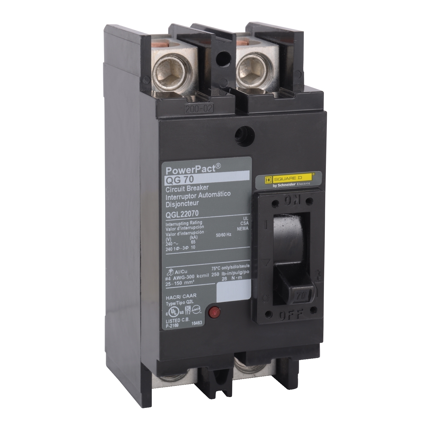 QGL22225 Molded Case Circuit Breaker, 225 Amp, 2 Pole, 240V