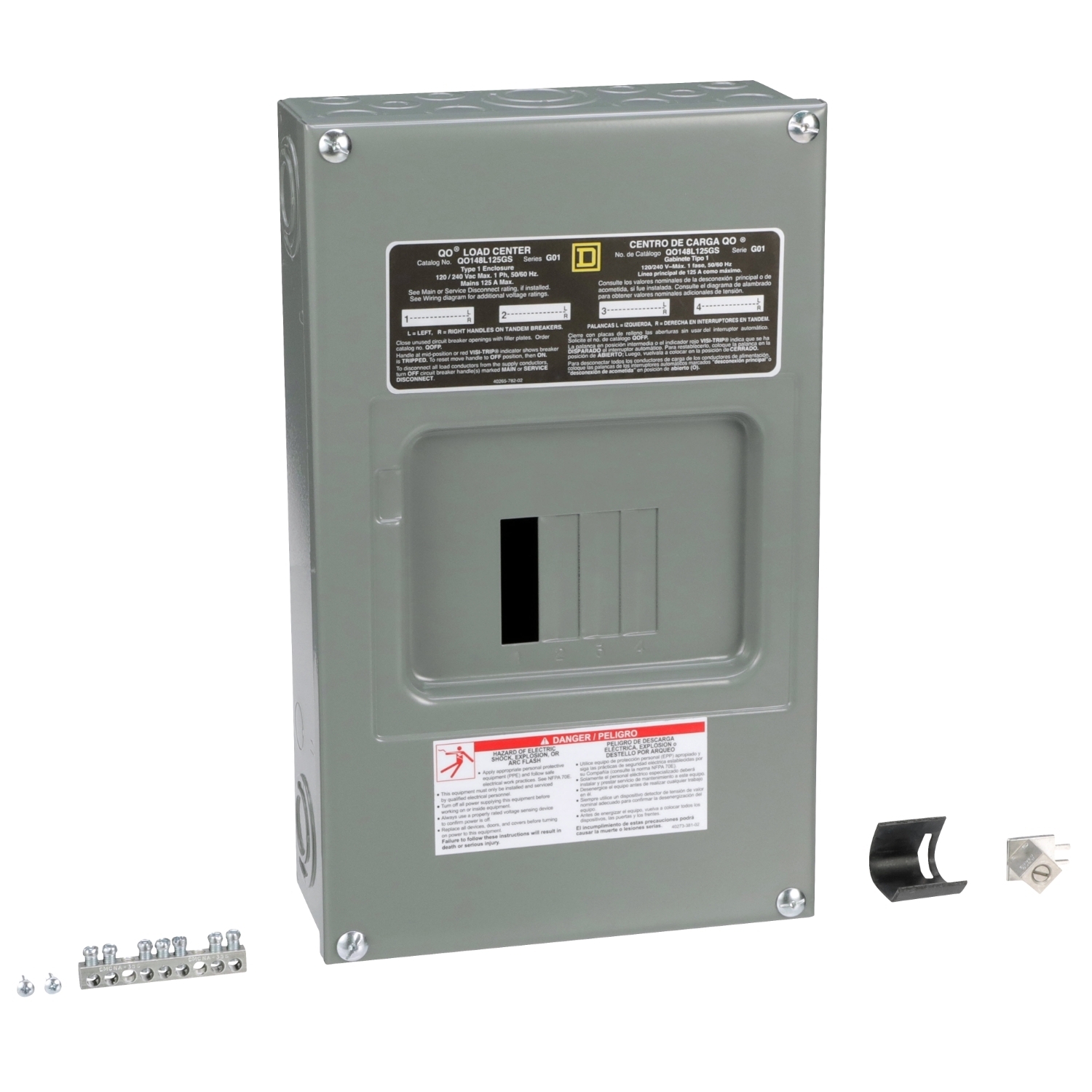 QO148L125GS 1-Phase Fixed Main Lug Loadcenter With Surface Cover, 120/240 V AC, 125 A, 1 Pole, 10 kA Interrupt
