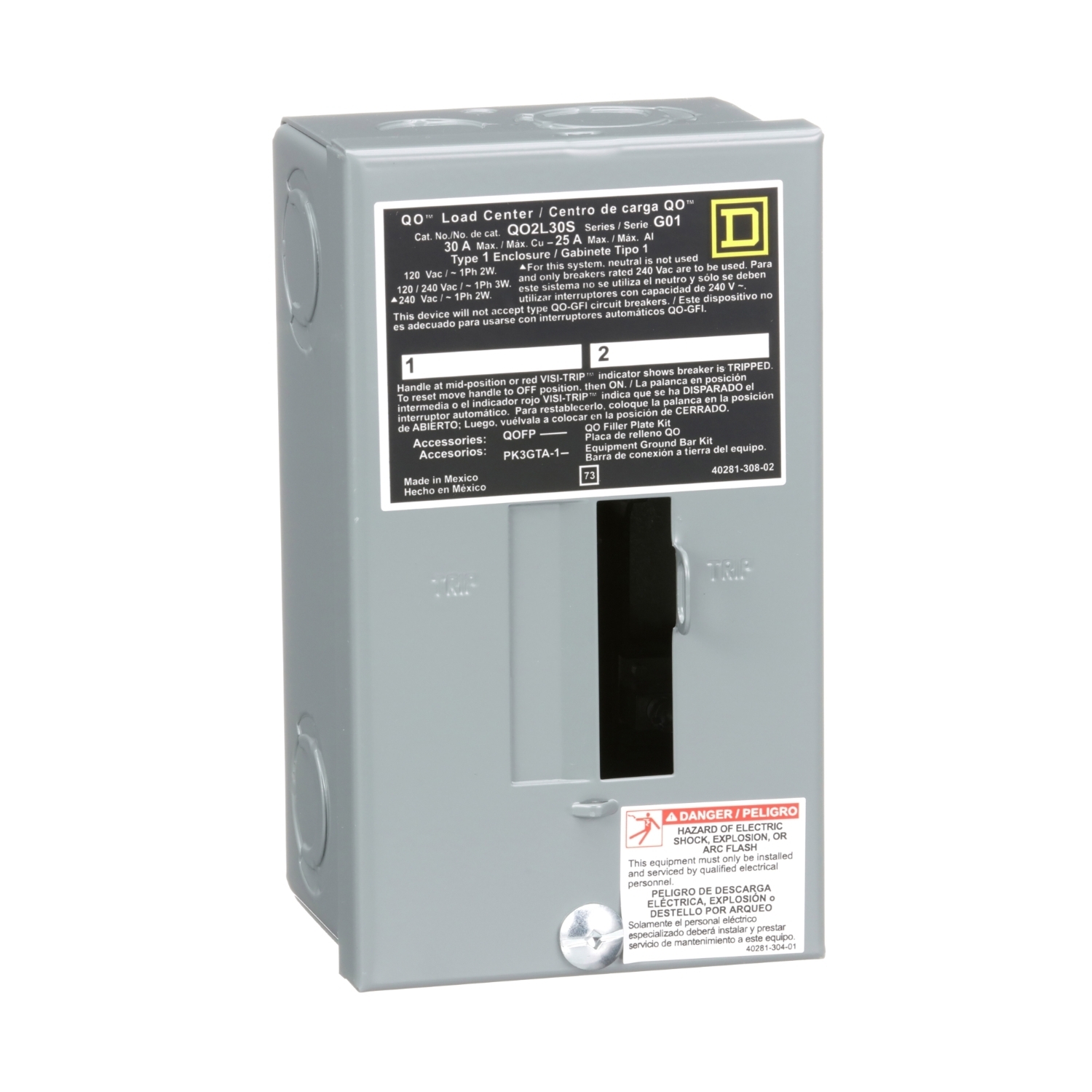 QO2L30S Fixed Main Lug Load Center, 30 Amp, 120/240V, 1 Phase, 2 Space, 2 Circuit, 3-Wire, Surface