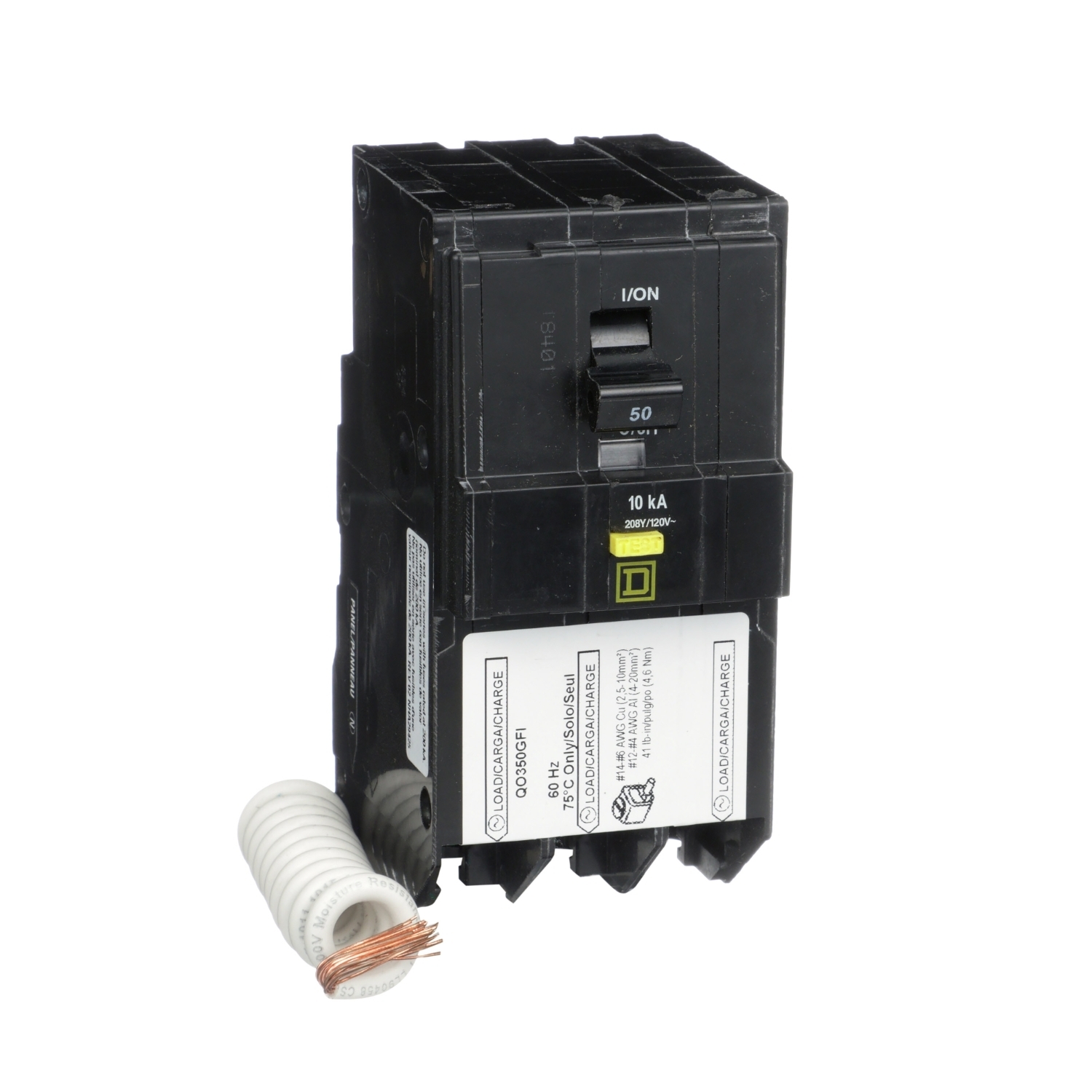 QO350GFI QO Qwik-Gard Type QO-GFI Class A Ground Fault Miniature Circuit Breaker, 240 V AC, 50 A, 10 kA Interrupt, 3 Poles, Thermal Magnetic Trip