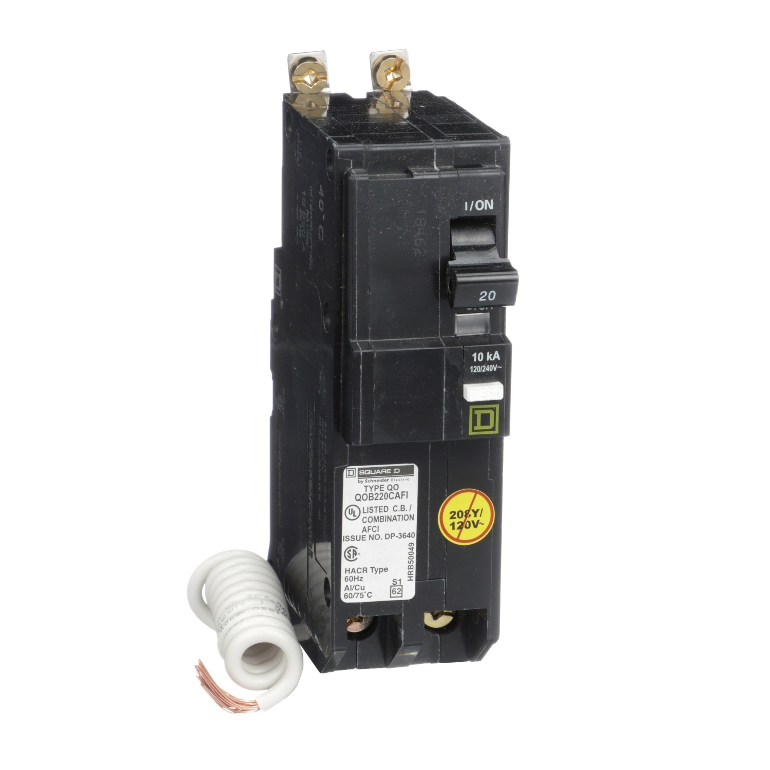 QOB220CAFI Type QOB-CAFI Miniature Circuit Breaker, 120/240 V AC, 20 A, 10 kA at 120/240 V AC Interrupt, 2 Poles, Thermal Magnetic Trip
