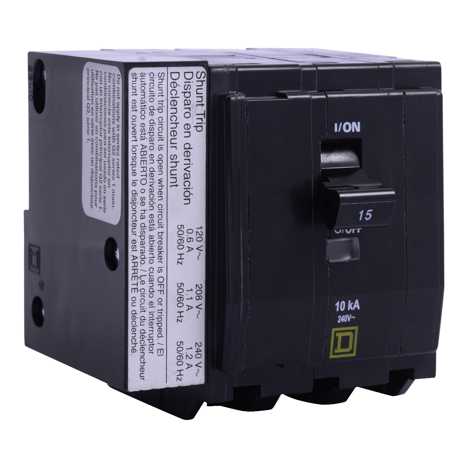 QOB3151021 Type QOB Standard Miniature Circuit Breaker, 240 V AC, 15 A, 10 kA Interrupt, 3 Poles, Thermal Magnetic Trip