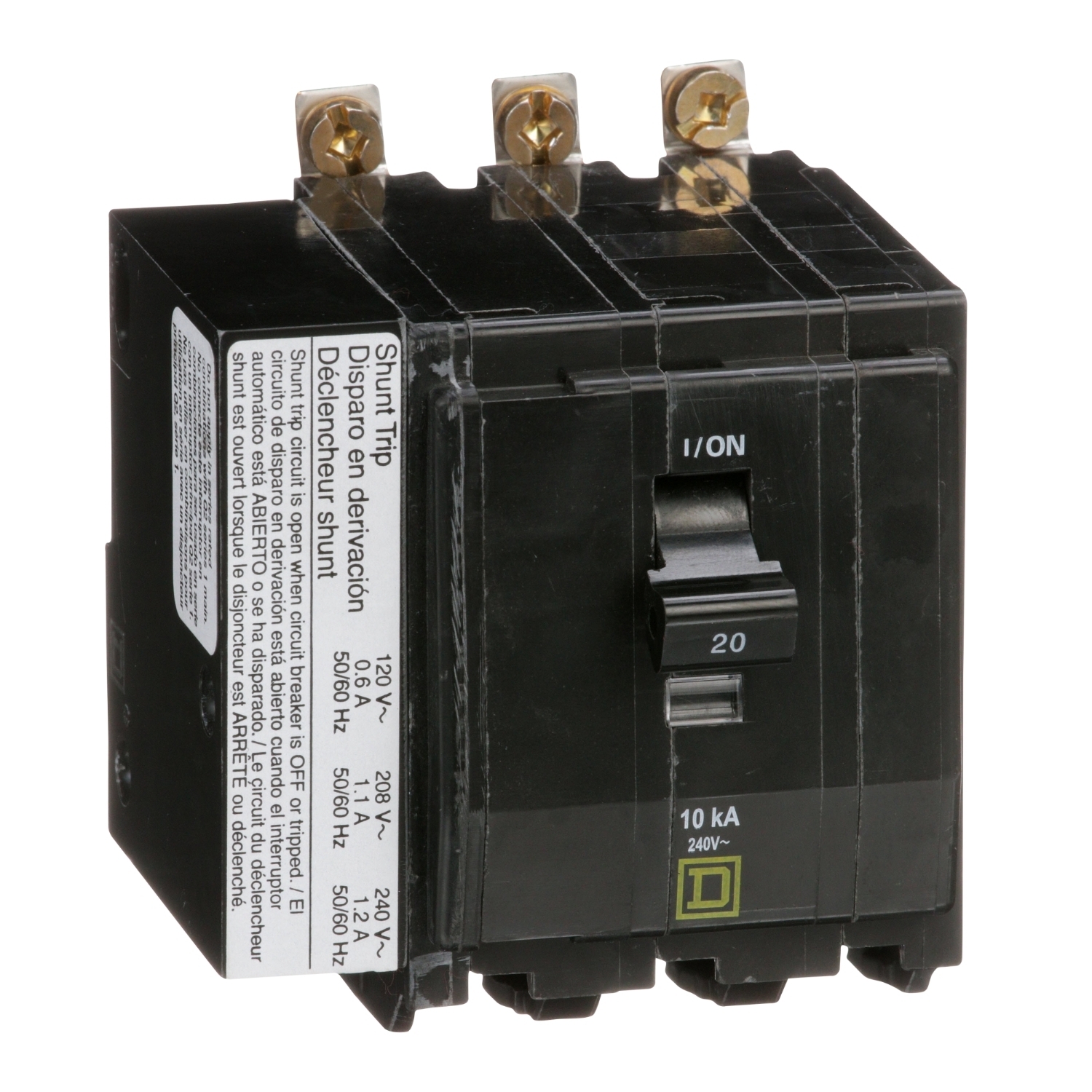 QOB3201021 Standard Miniature Circuit Breaker, 240 V AC, 20 A, 10 kA Interrupt, 3 Poles, Thermal Magnetic Trip