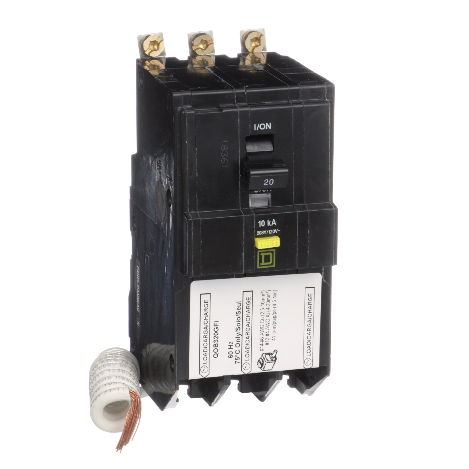 QOB320GFI Type QOB-GFI Class A Ground Fault Miniature Circuit Breaker, 208Y/120 V AC, 20 A, 10 kA at 208Y/120 VAC Interrupt, 3 Poles, Thermal Magnetic Trip