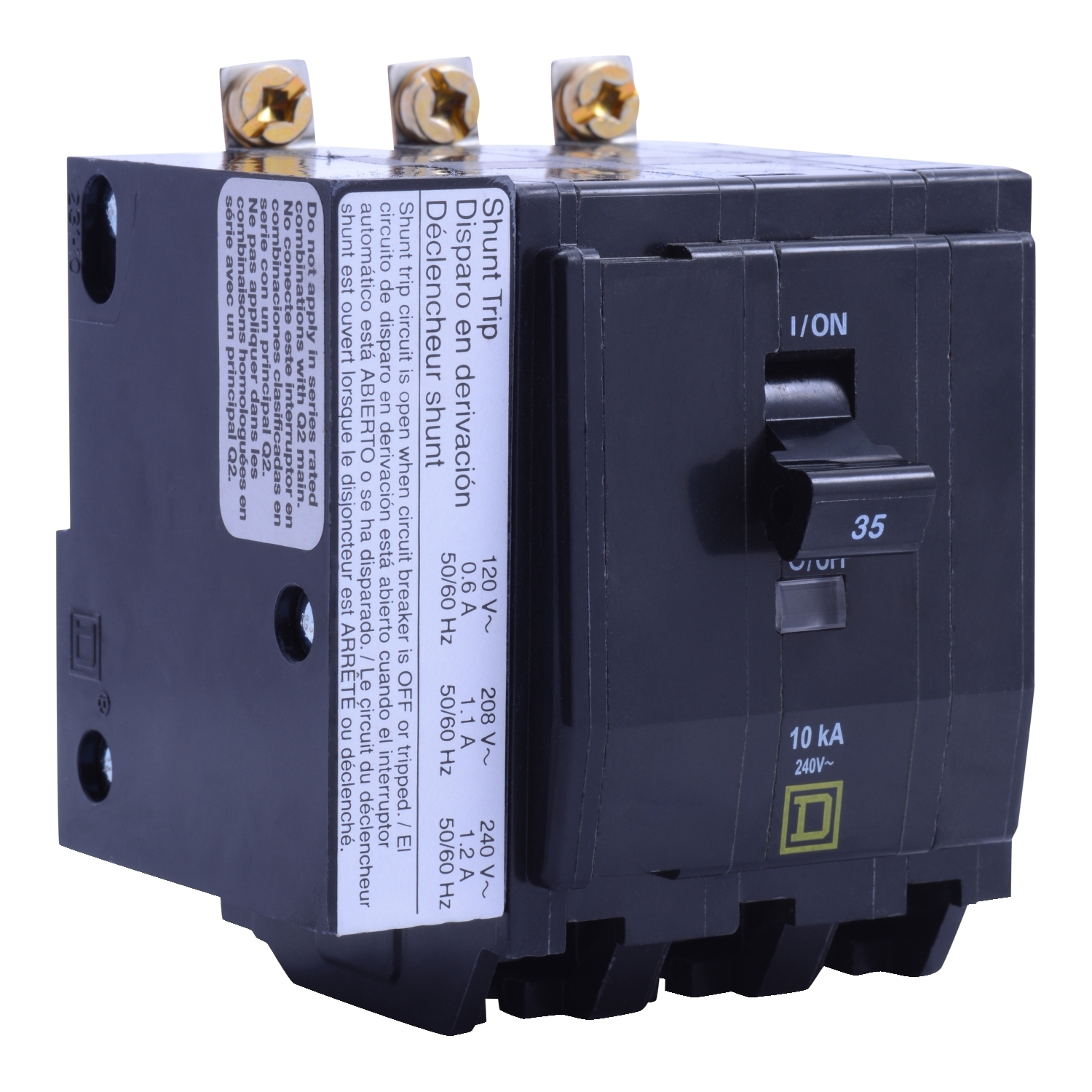 QOB3351021 Type QOB Miniature Circuit Breaker, 120/240 VAC, 48 VDC, 35 A, 10 kA at 120/240 VAC, 5 kA at 48 VDC Interrupt, 3 Poles, Thermal Magnetic Trip