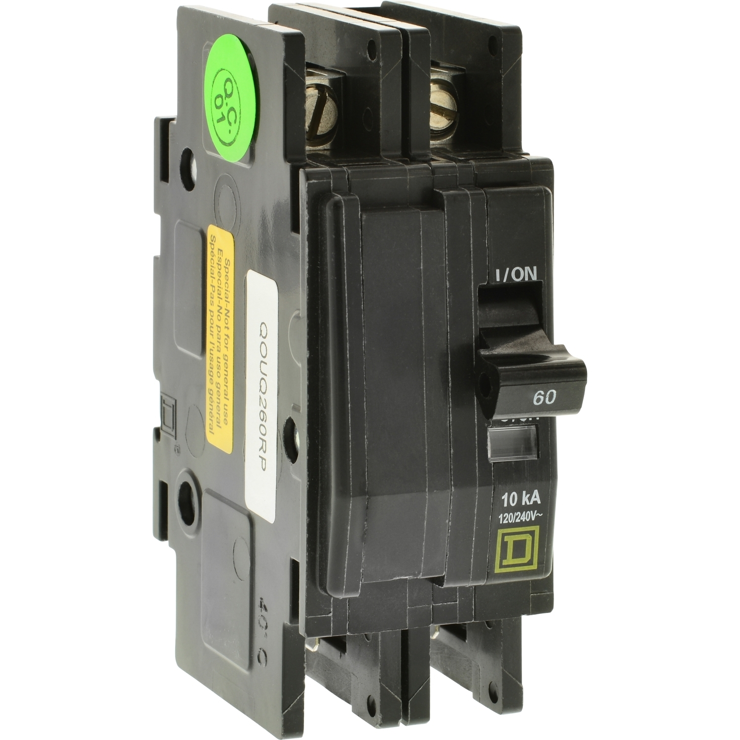 QOUQ260RP Type QOU Standard Miniature Circuit Breaker, 240 VAC, 48 VDC, 60 A, 5/10 kA Interrupt, 2 Poles, Thermal Magnetic Trip