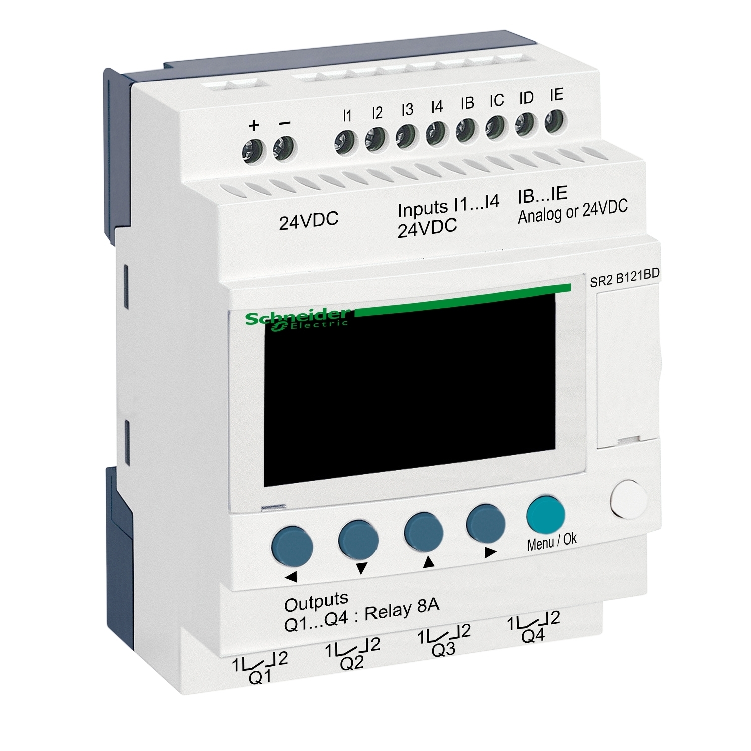 SR2B121BD Compact Smart Relay with Local Display, 24 V DC Supply, 4 Inputs, 4 Outputs, Resistive Input