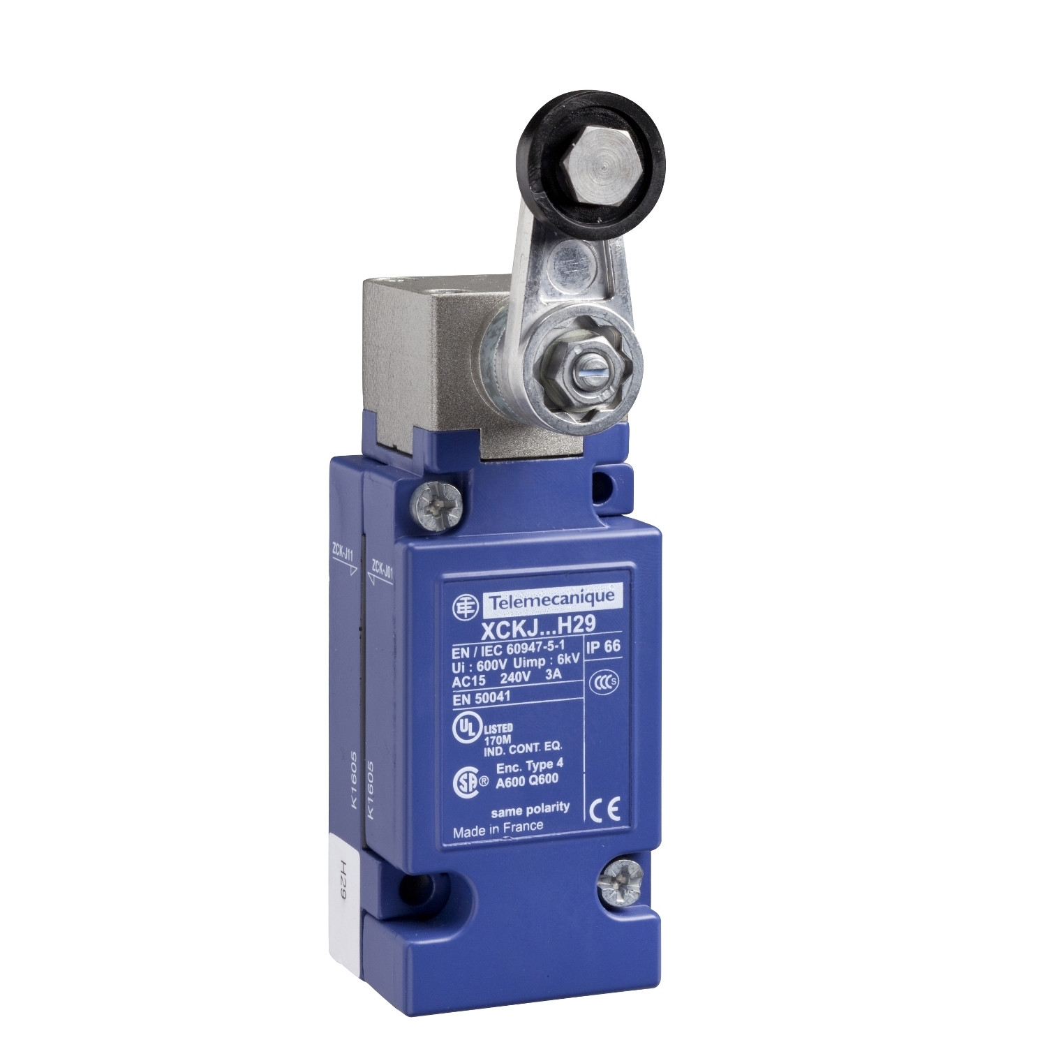 XCKJ110511 OsiSense Heavy Duty Limit Switch, 240 V AC/250 V DC, 10 A, Spring Return Roller Lever Arm Actuator, 1CO Contact, 1 Poles