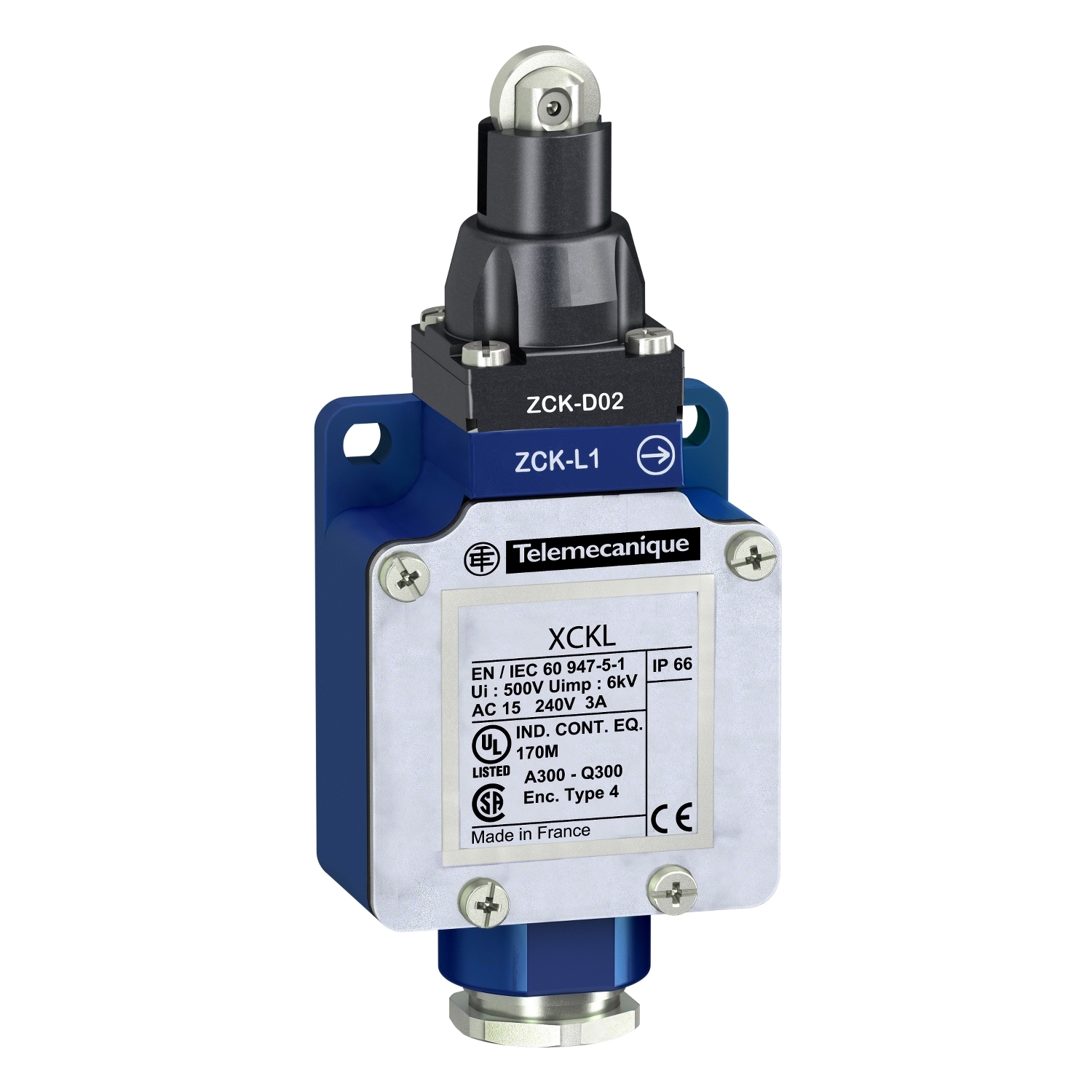 XCKL102 OsiSense XC Compact Fixed Medium Duty Standard Format Plunger Actuated Limit Switch, 240 V AC/250 V DC, 10 A, Spring Return Roller Plunger Actuator, 1NO-1NC Contact, 2 Poles