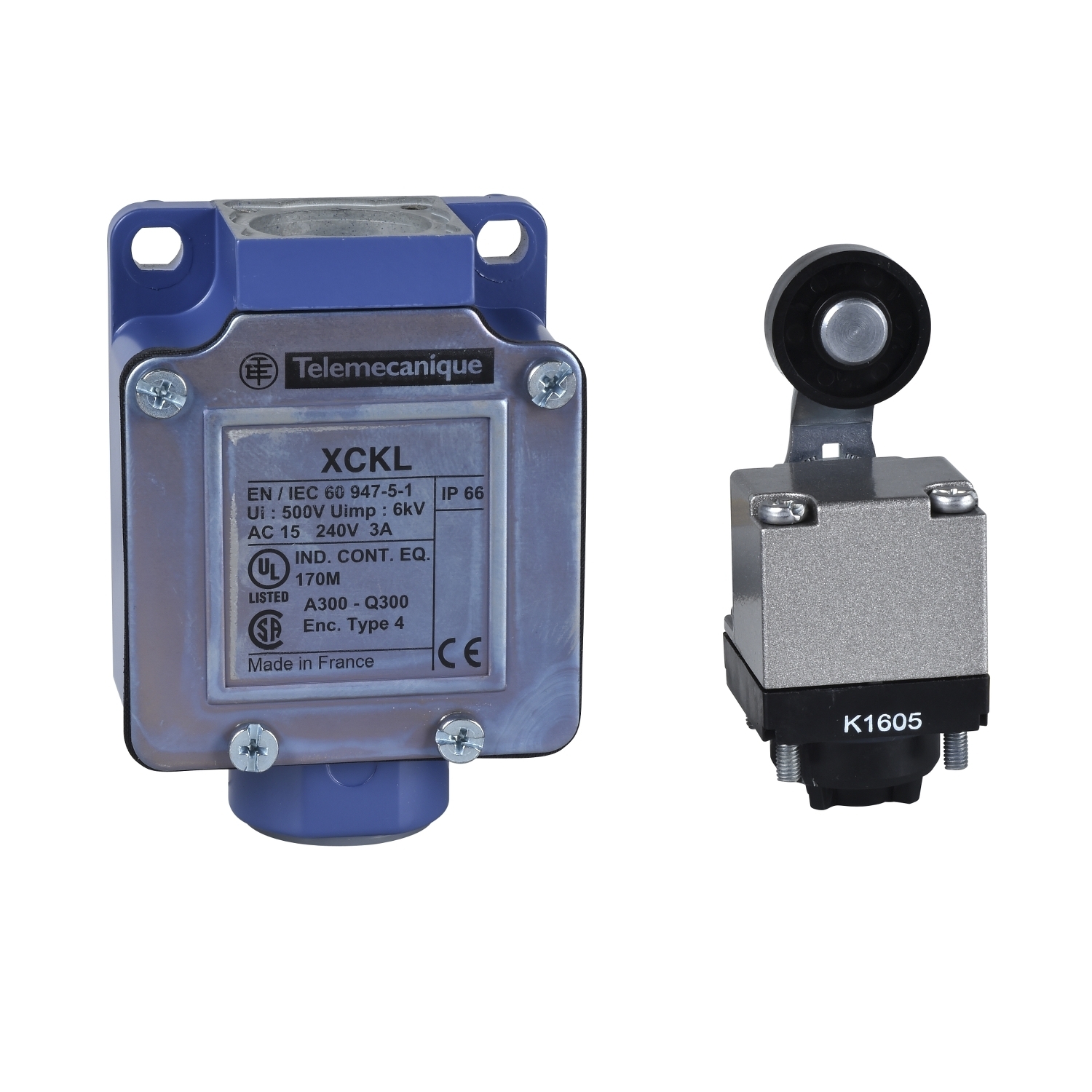 XCKL115 OsiSense XC Compact Fixed General Duty Standard Rotary Actuated Limit Switch, 240 V AC/250 V DC, 10 A, Spring Return Roller Lever Arm Actuator, 1NO-1NC Contact, 2 Poles
