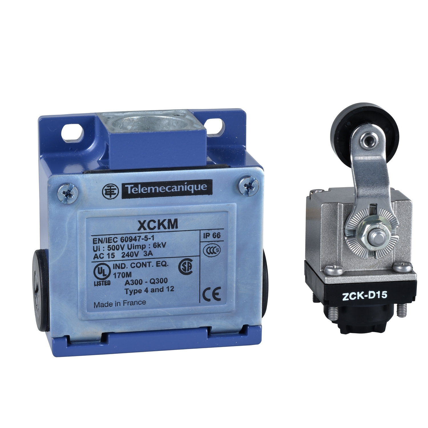 XCKM115 OsiSense XC Compact Fixed General Duty Standard Rotary Actuated Limit Switch, 240 V AC/250 V DC, 10 A, Spring Return Roller Lever Arm Actuator, 1NO-1NC Contact, 2 Poles