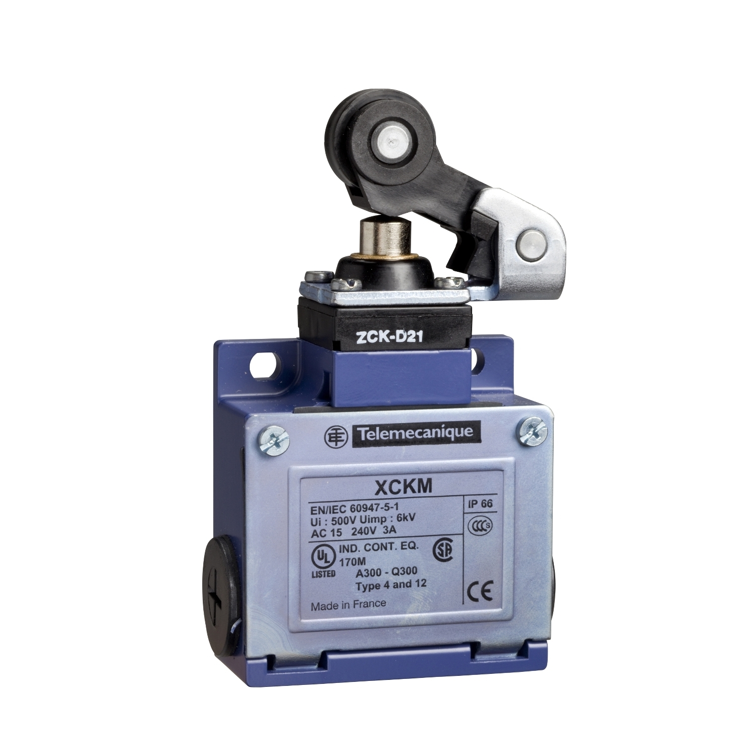 XCKM121 OsiSense Compact Fixed Medium Duty Standard Format Limit Switch, 240 V AC/250 V DC, 10 A, Spring Return/Roller Lever Plunger Actuator, 1NO-1NC Contact, 2 Poles