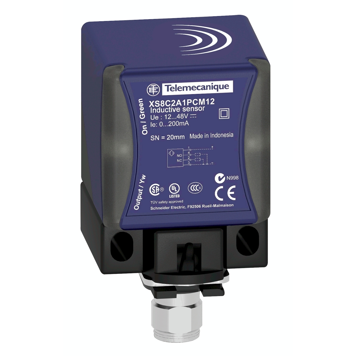 XS8C2A1PCM12 OsiSense XS Fixed Proximity Sensor, Inductive, PNP Output, 1NO-1NC Contact, 12 to 48 V DC