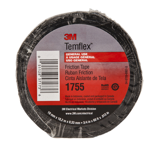 7100009255 Temflex 1755 Friction Tape, 28 yd L 1.5 in W, 13 mil THK, Cotton, Rubber Adhesive, Black