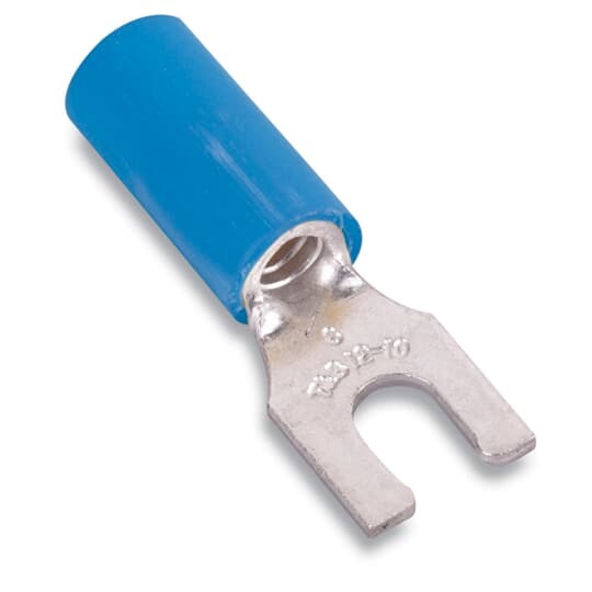 RB14-8FL Sta-Kon RB Series Insulated Fork Terminal, 18 to 14 AWG Conductor, 0.87 in L, Brazed Seam/Serrated Barrel, Copper, Blue