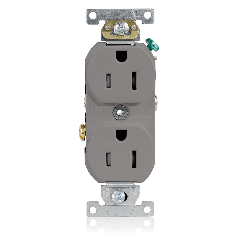 TBR15-GY 1-Phase Duplex Tamper Resistant Straight Blade Receptacle, 125 V AC, 15 A, 2 Poles, 3 Wires, Gray
