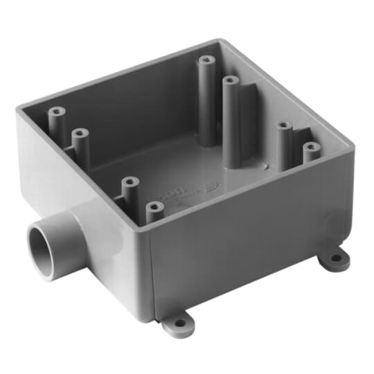 E9802D Carlon Type 2FSE Non-Metallic Rigid Shallow Style Device Box, PVC, 32 cu-in Capacity, 2 Gangs, 1 Outlets, 1 Knockouts, 4.62 in L x 4.62 in W x 1.98 in D