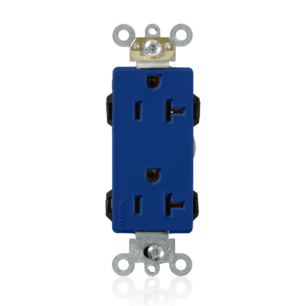 M1636-B Decora Plus Lev-Lok 1-Phase Duplex Heavy Duty Self-Grounding Straight Blade Receptacle, 125 V AC, 20 A, 2 Poles, 3 Wires, Blue