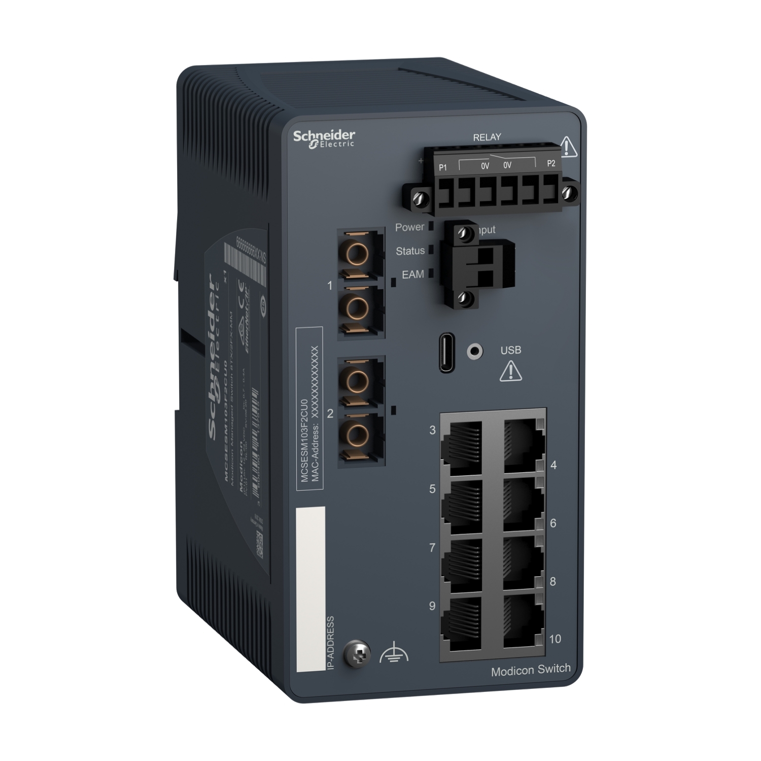 MCSESM103F2CU0 Modicon Transparent Ready Managed Switch, (2) 100BASE-FX, (8) 10/100BASE-TX Interface, Ethernet TCP/IP Protocol