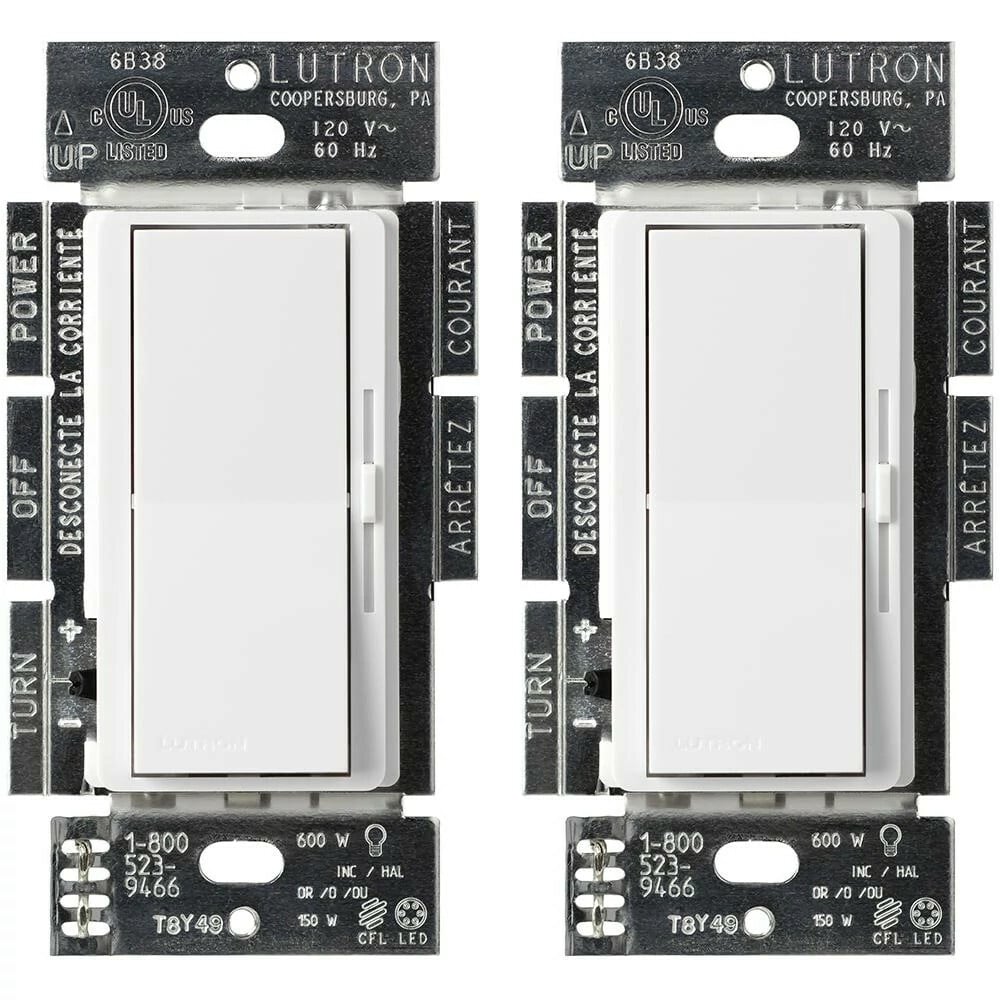 DVCL-153P-WH-2 Diva LED+ Dimmer Switch, No Neutral Required, 150W LED, 1 Pole/3-Way, 120V, White, 2 Pack