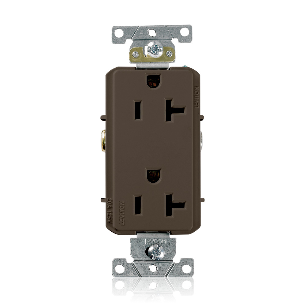16352 Decora Plus Heavy Duty Self Grounding Straight Blade Duplex Receptacle, 125 VAC, 20 A, 2 Poles, 3 Wires, Brown