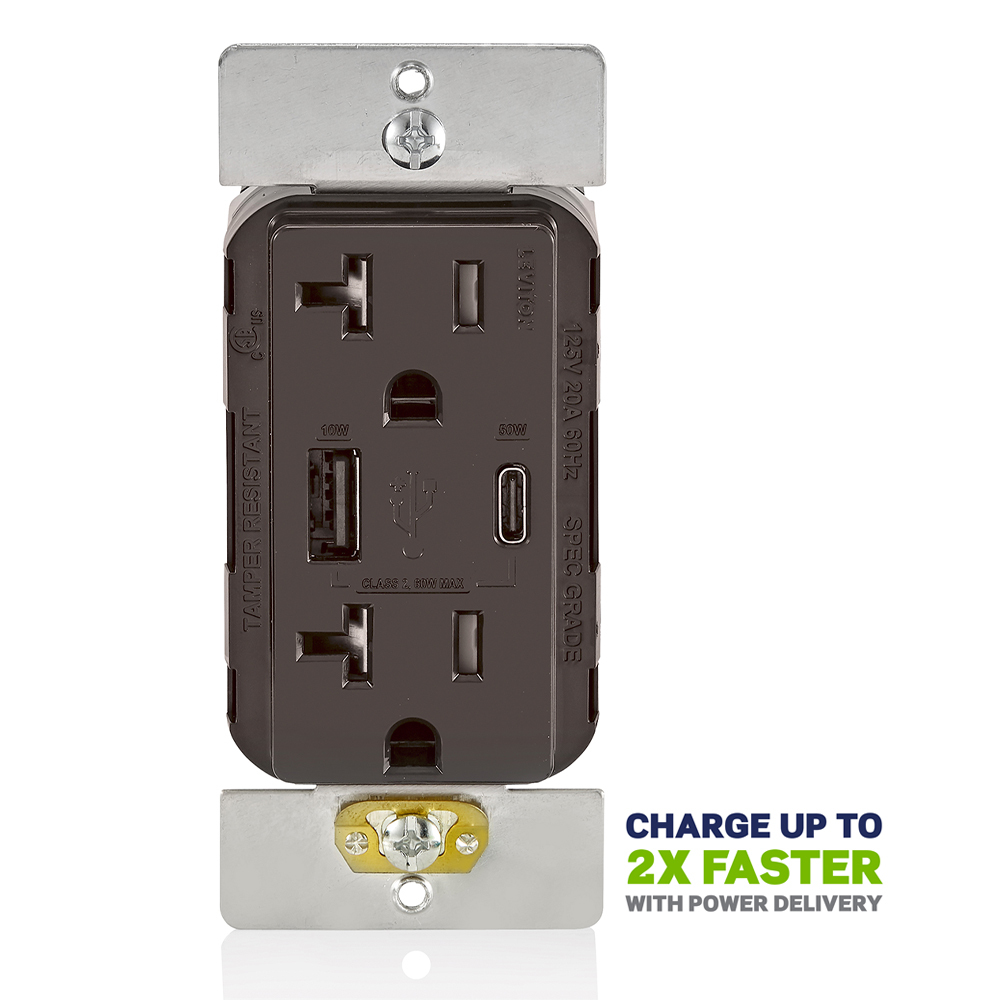 T5834-B T5834 Tamper-Resistant Duplex Receptacle, Electrical Ratings: 125 V, 20 A, 2 Poles, 3 Wires, Brown