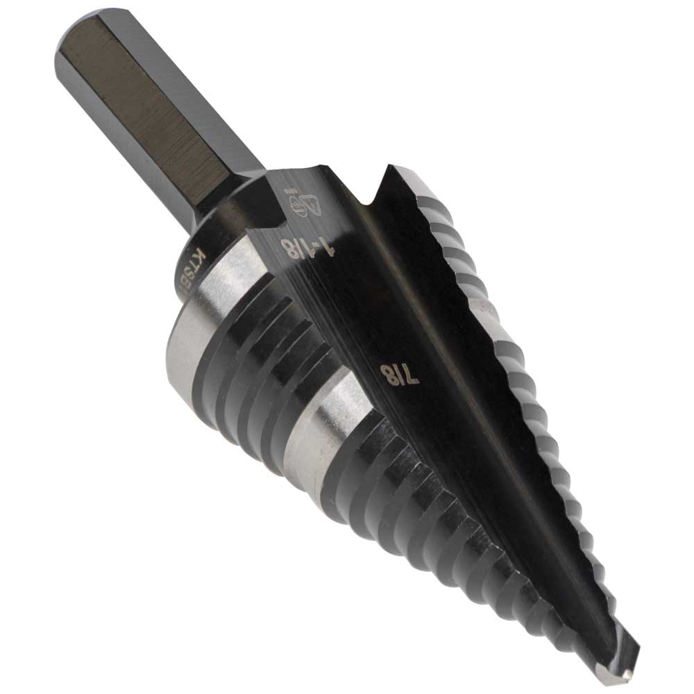 KTSB11 Step Drill Bit, 7/8 in Dia Min Hole, 1-1/8 in Dia Max Hole, 2 Steps, High Speed Steel, 2 Hole Sizes, 3/8 in Shank