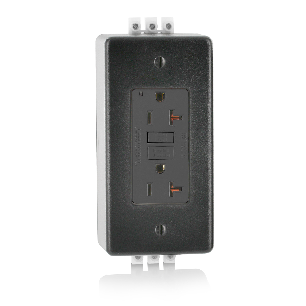 GFNT2-DIN DIN Rail Self-Test GFCI Receptacle With Green LED Power Indicator Light, 120 V AC, 20 A, 2 Poles, 3 Wires, Black