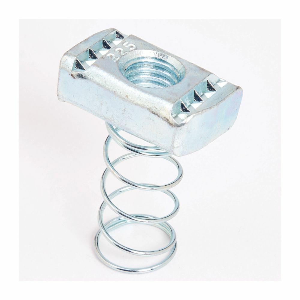N227ZN 200 Standard Spring Nut With Spring, #10-32 Thread, 1/4 in THK, For Use With B22, B24, B26 and B32 Series Medium Channel, Strut Fitting and Bolted Framing, Steel