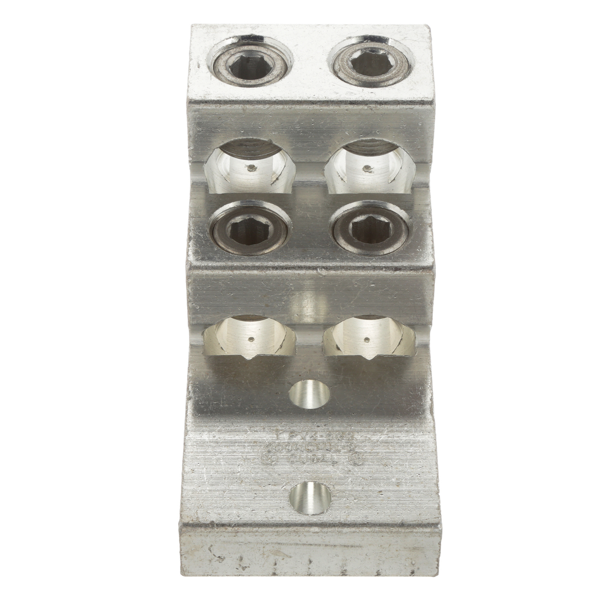 LAM4SB600-38-1Y Pan-Lug 4-Barrel Vertical Mechanical Connector Lug, 2 AWG to 600 kcmil Aluminum/Copper/Stranded Conductor, 3/8 in Stud, 2 Bolt Holes, Aluminum