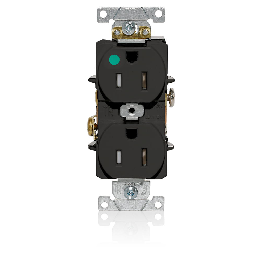 T8200-E T8200 Duplex Flat Smooth Face Heavy Duty Self-Grounding Standard Tamper-Resistant Straight Blade Receptacle, 125 V AC, 15 A, 2 Poles, 3 Wires, Black