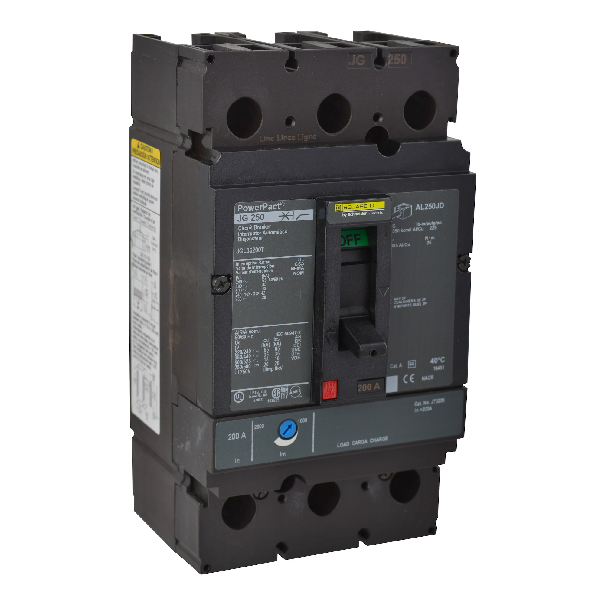 JGL36200T PowerPact 80% Rated Molded Case Circuit Breaker, 600 V AC, 200 A, 65 kA at 240 V AC/35 kA at 480 V AC/18 kA at 600 V AC/20 kA at 250/500 VDC Interrupt, 3 Poles, Thermal Magnetic Trip