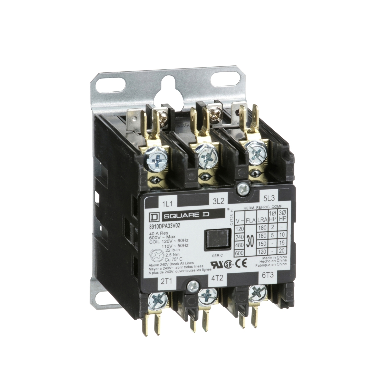 8910DPA33V02Y122Y236 Type DPA Definite Purpose Contactor, 110 V AC at 50 Hz to 120 V AC at 60 Hz V Coil, 30 A, 3NO Contact, 3 Poles