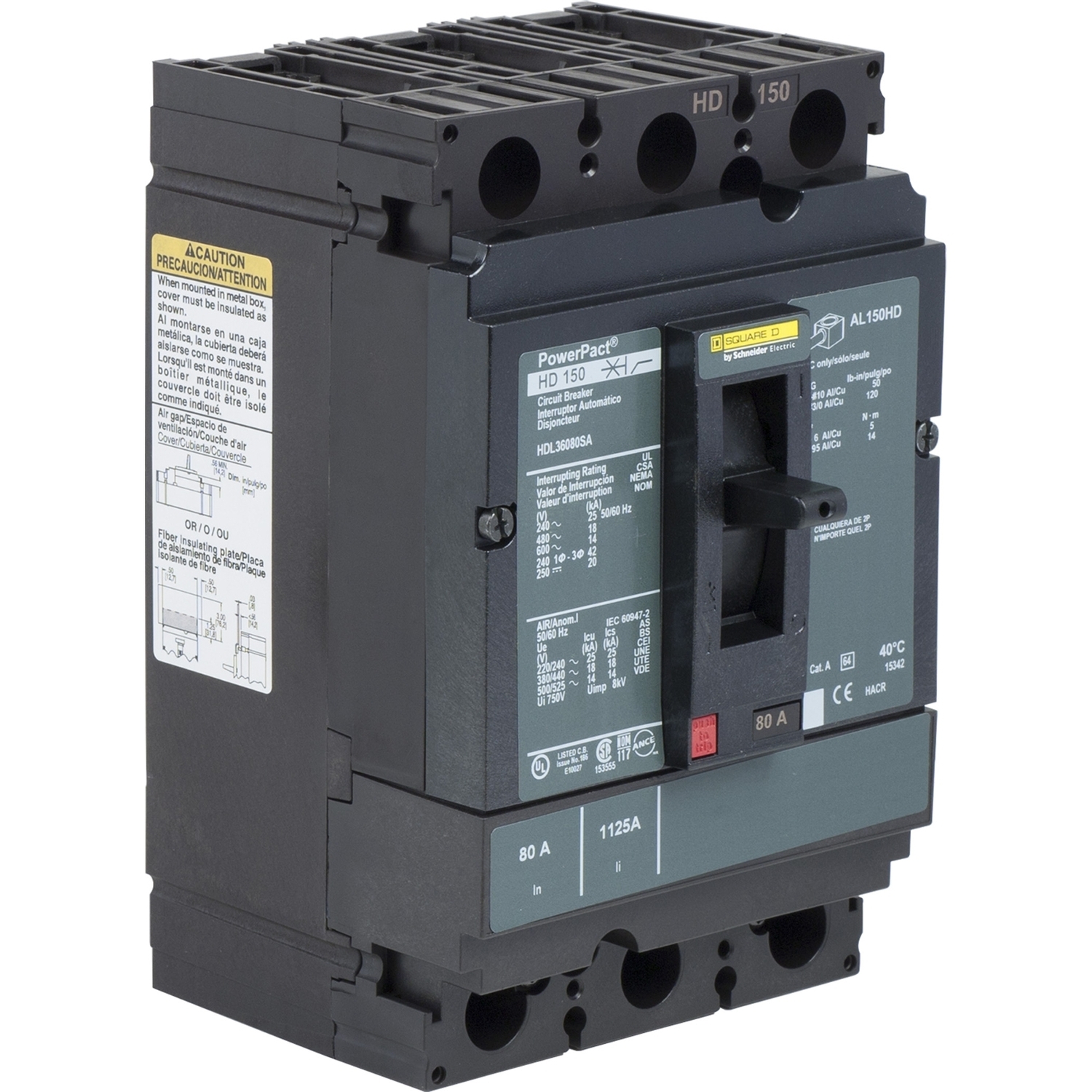 HDL36060SA I-Line PowerPact Type HDL H Molded Case Circuit Breaker, 600 VAC, 250 VDC, 60 A, 18/14/20/25 kA Interrupt, 3 Poles, Thermal Magnetic Trip