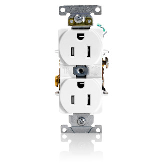 T5262-W Duplex Heavy Duty Self-Grounding Tamper Resistant Straight Blade Receptacle, 125 V AC, 15 A, 2 Poles, 3 Wires, White