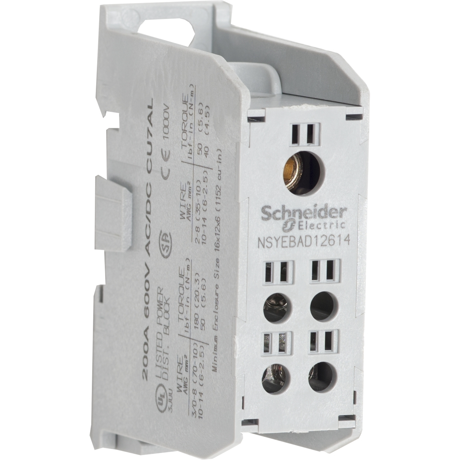 NSYEBAD12614 Linergy Enclosed Power Distribution Block With AL Lug, 600 V AC/DC, 200 A CU/155 A AL, 1 Poles, 14 to 3/0 AWG Line Side/14 to 2 AWG Load Side CU Wire, Thermoplastic