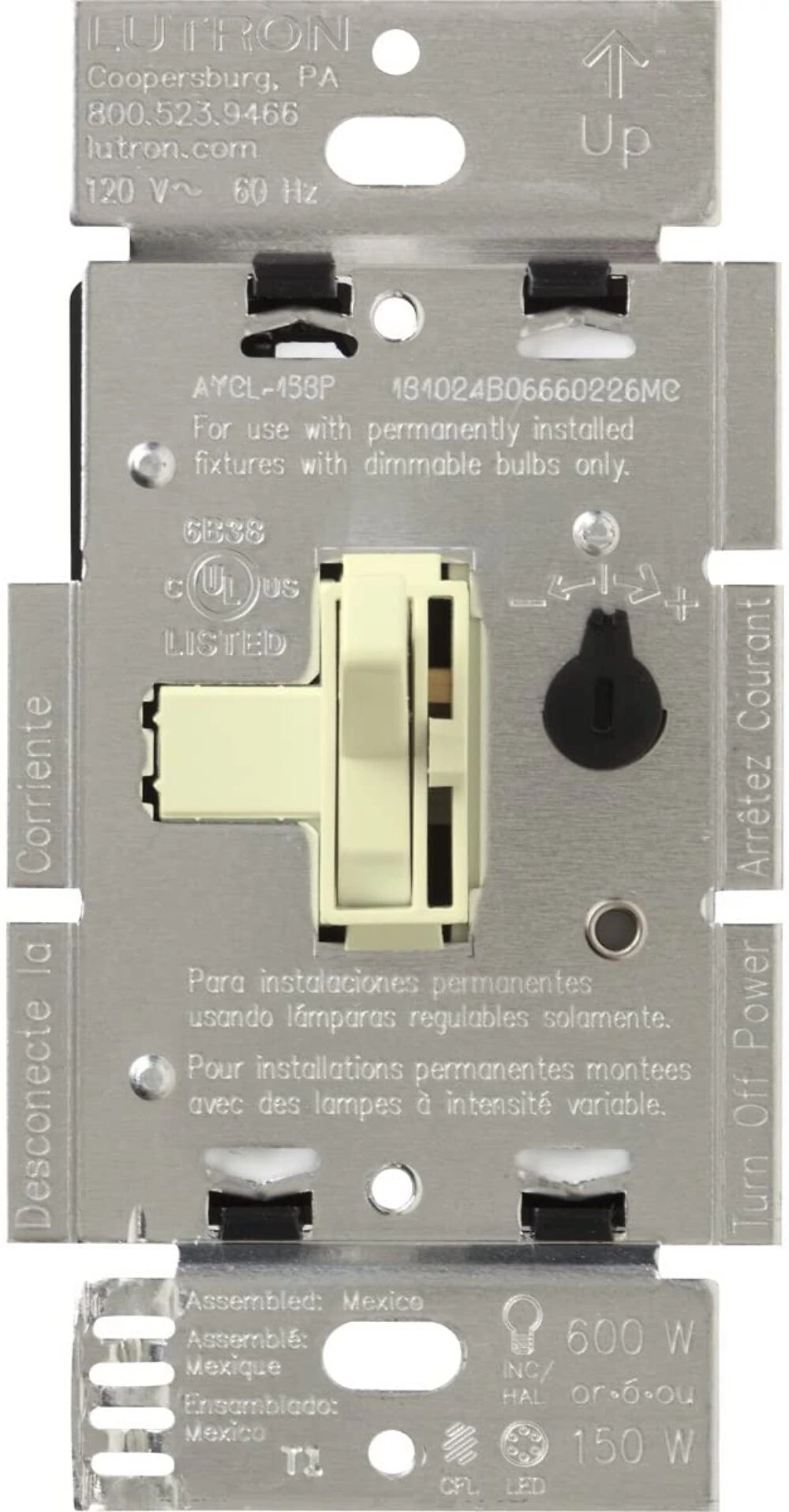 AYCL-153P-AL Ariadni LED+ Dimmer Switch, 150W LED, 1 Pole/3-Way, No Neutral Required, 120V, Almond