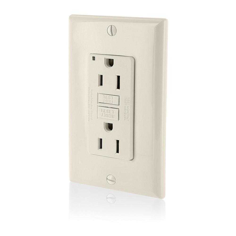 GFNT1-T SmartlockPro Slim Feed Through Monochromatic Non-Tamper Resistant Self-Test Standard Duplex GFCI Receptacle With LED Indicator, 125 V AC, 15 A, 2 Poles, 3 Wires, Light Almond