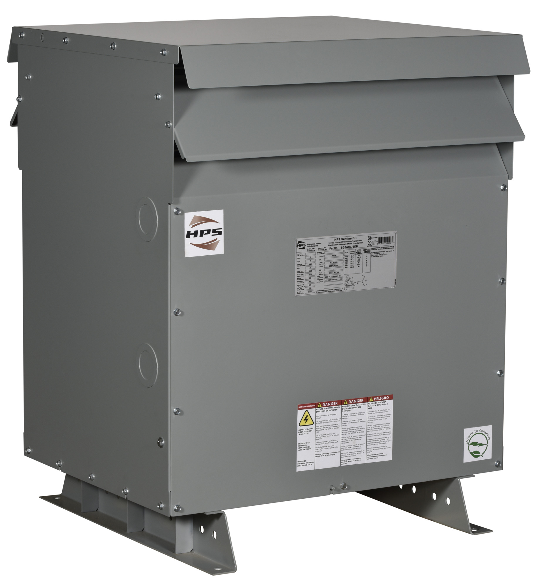 SG3A0112KB Sentinel G Energy Efficient General Purpose Distribution Transformer, 480 Delta V AC Primary, 208Y/120 VAC Secondary, 112.5 kVA Power Rating, 60 Hz, 3 Phase