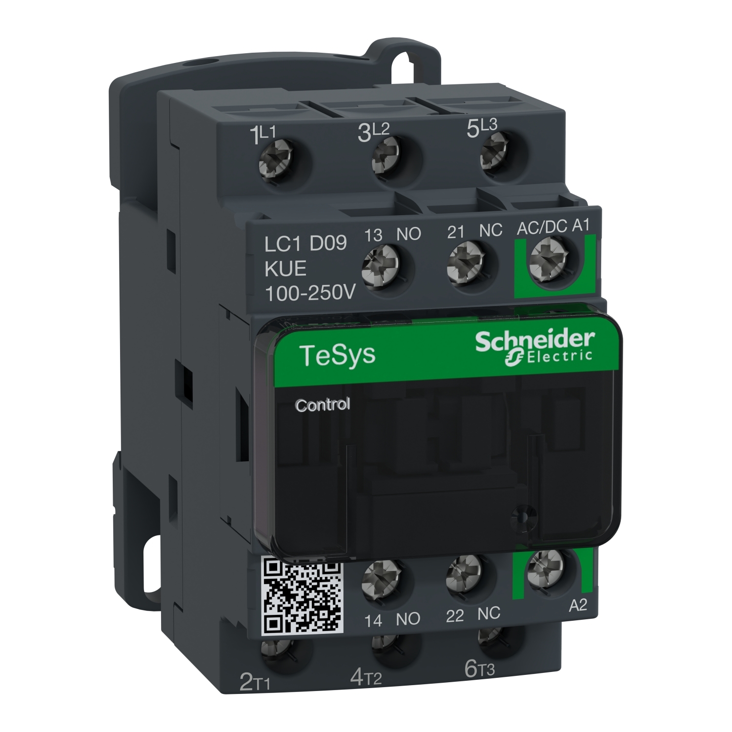 LC1D09KUE TeSys D 1/3 Phase Non-Reversing Contactor With Front Cover, 100 to 250 V AC/100 to 250 V DC V Coil, 9 A, 3NO Contact, 3 Poles